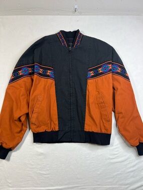 Vintage David James Western Bomber Jacket Orange and Black Aztec Cowboy